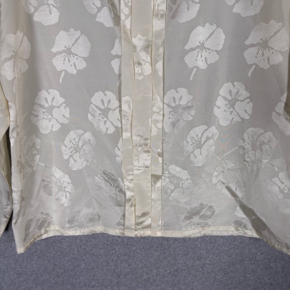 Vintage 90s Satin Floral Blouse Size 12 Cream Jacquard Pintuck Feminine Neutral - Picture 3 of 9